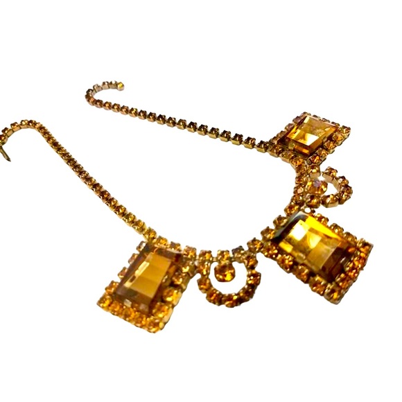 Vintage Necklace Bracelet Set Amber Glass & Rhinestone Rectangular - Picture 4 of 17